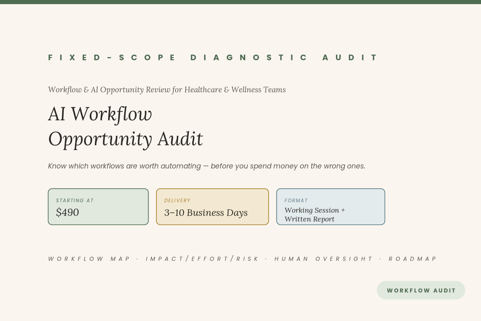 AI Workflow Opportunity Audit — cover with pricing, delivery time and format